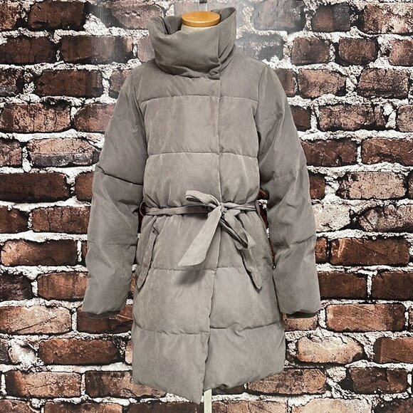 ICHI Puffer Trench Coat Square Tie Brown Size Medium M - Picture 5 of 16